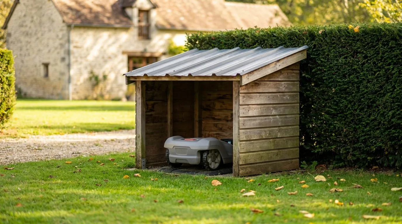 Abri Bois Robot Tondeuse Au Bord De La Pelouse 1