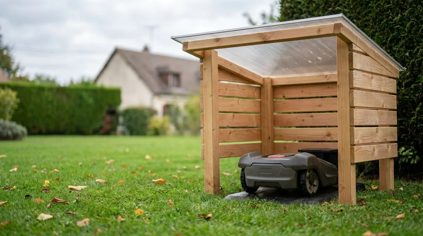 Abri En Bois Fait Maison Pour Robot Tondeuse Dans Un Jardin 1