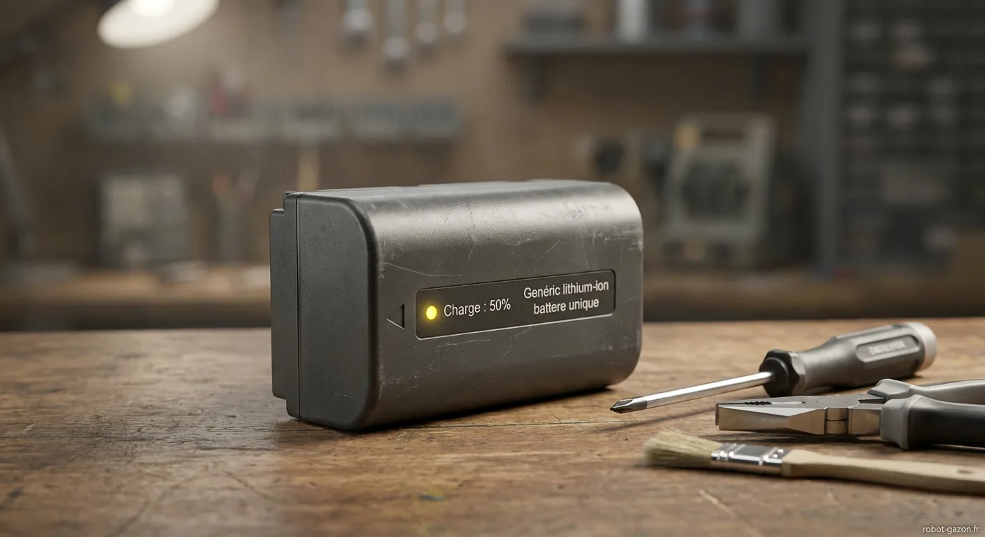 Batterie Lithium Ion De Robot Tondeuse Posee Sur Etabli Avec 4