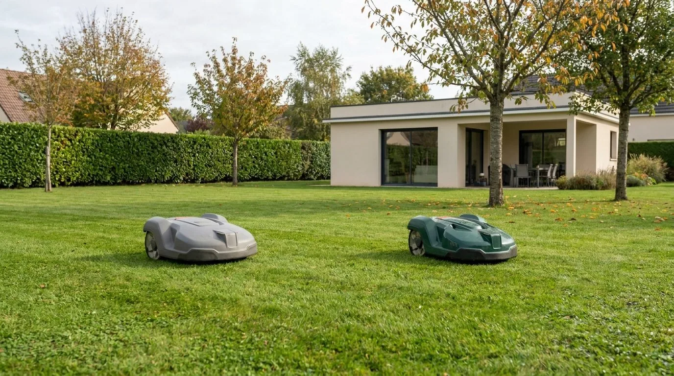 Deux Robots Tondeuses Sur Une Pelouse De Pavillon En Automne 1