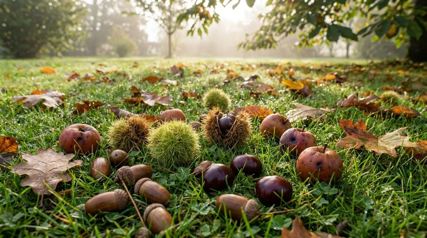 Glands Bogues Chataignes Sur Pelouse Sous Arbre 3