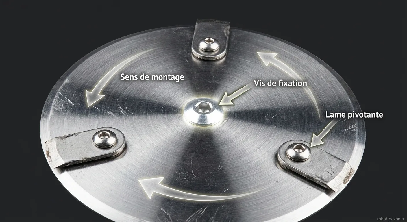 Gros Plan Disque De Lames Robot Tondeuse Avec Sens De Montag 4