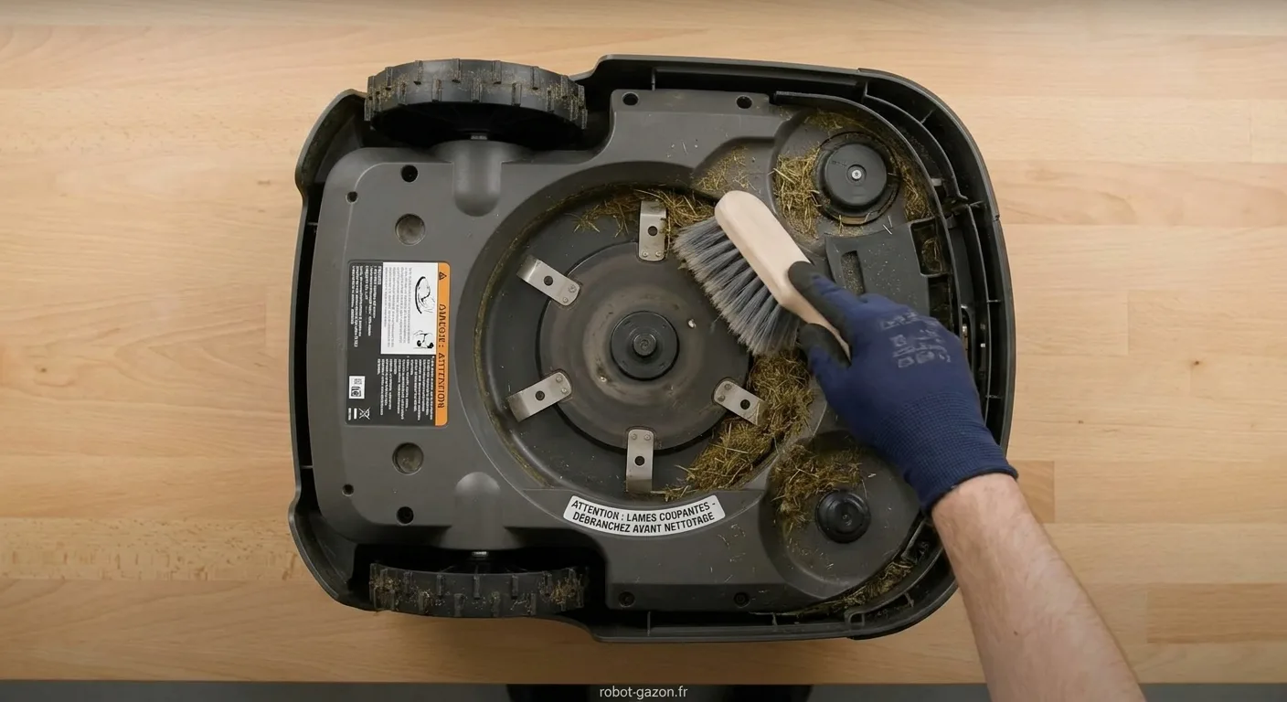 Nettoyage Du Dessous D Un Robot Tondeuse Avec Brosse Souple 3