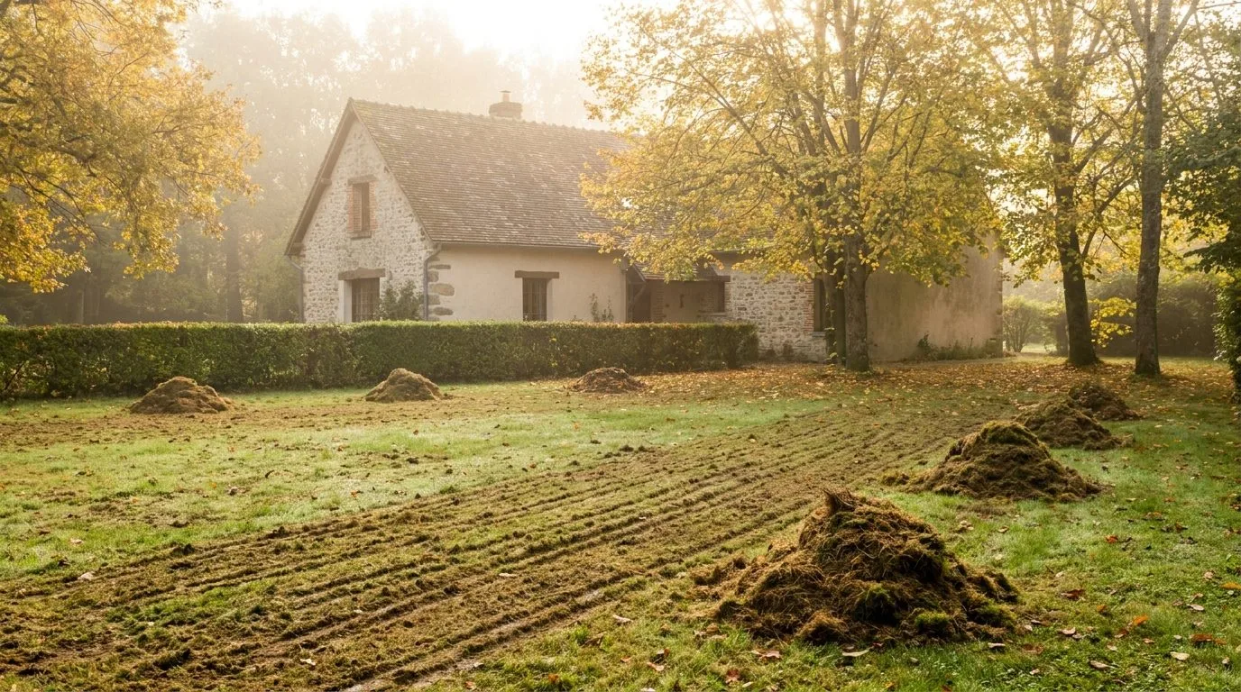 Pelouse Scarifiee En Automne Devant Un Pavillon 1