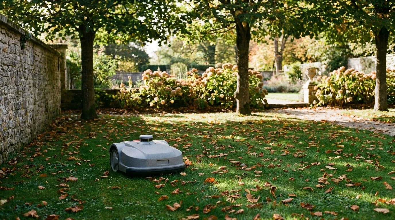 Petit Robot Tondeuse Sous Les Arbres D Un Jardin Ombrage 2