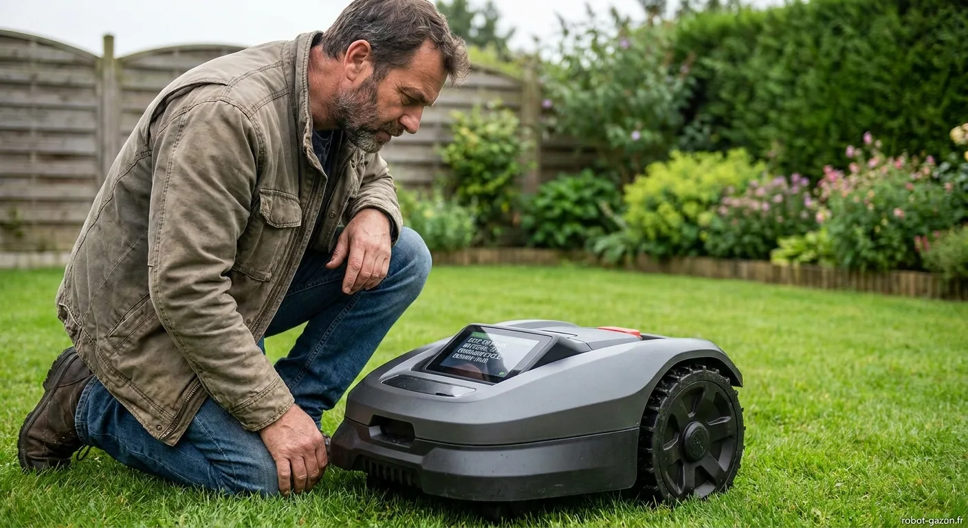Proprietaire Diagnostiquant La Panne De Son Robot Tondeuse A 1