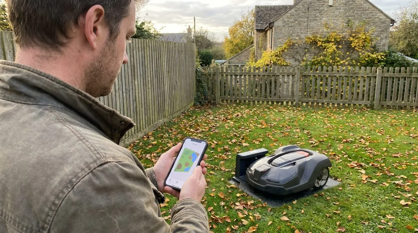 Proprietaire Reglant Un Robot Tondeuse Depuis Son Smartphone 4