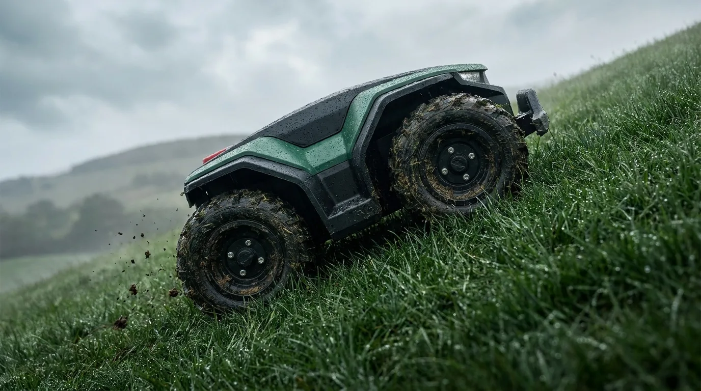 Robot Tondeur 4wd En Action Sur Pente Raide Avec Herbe Humid 4