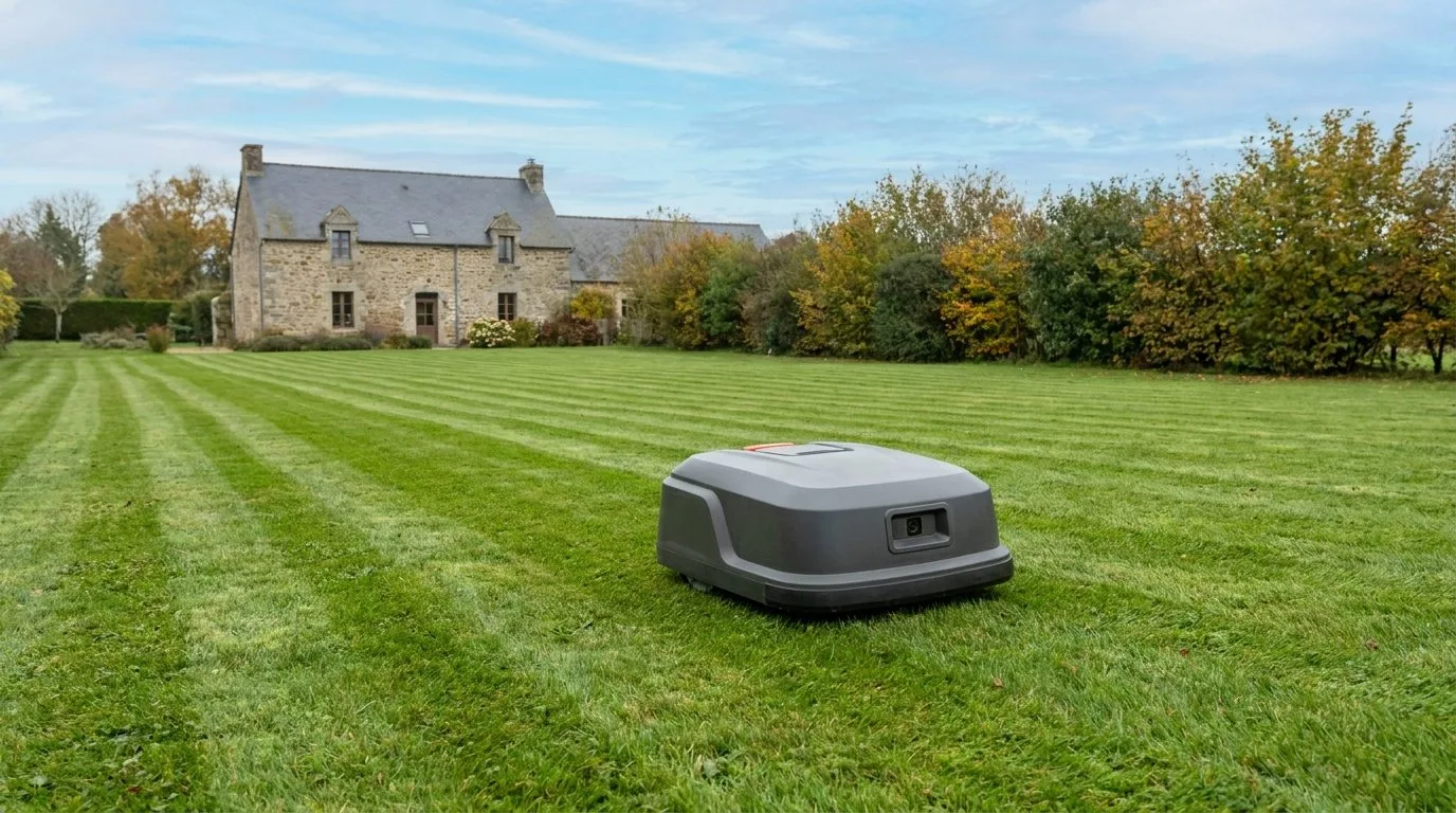 Robot Tondeuse A Camera Sur Grande Pelouse Tondue En Bandes 3