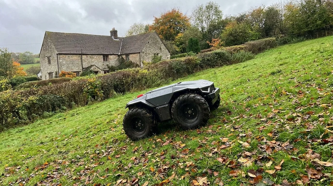 Robot Tondeuse A Quatre Roues Sur Un Talus En Pente 3