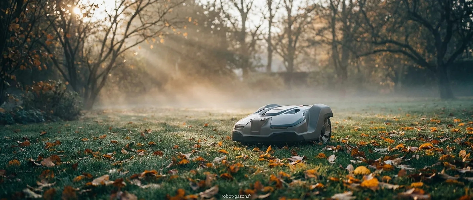 Robot Tondeuse Arrete Dans Un Jardin Automnal Brumeux Avec F 1