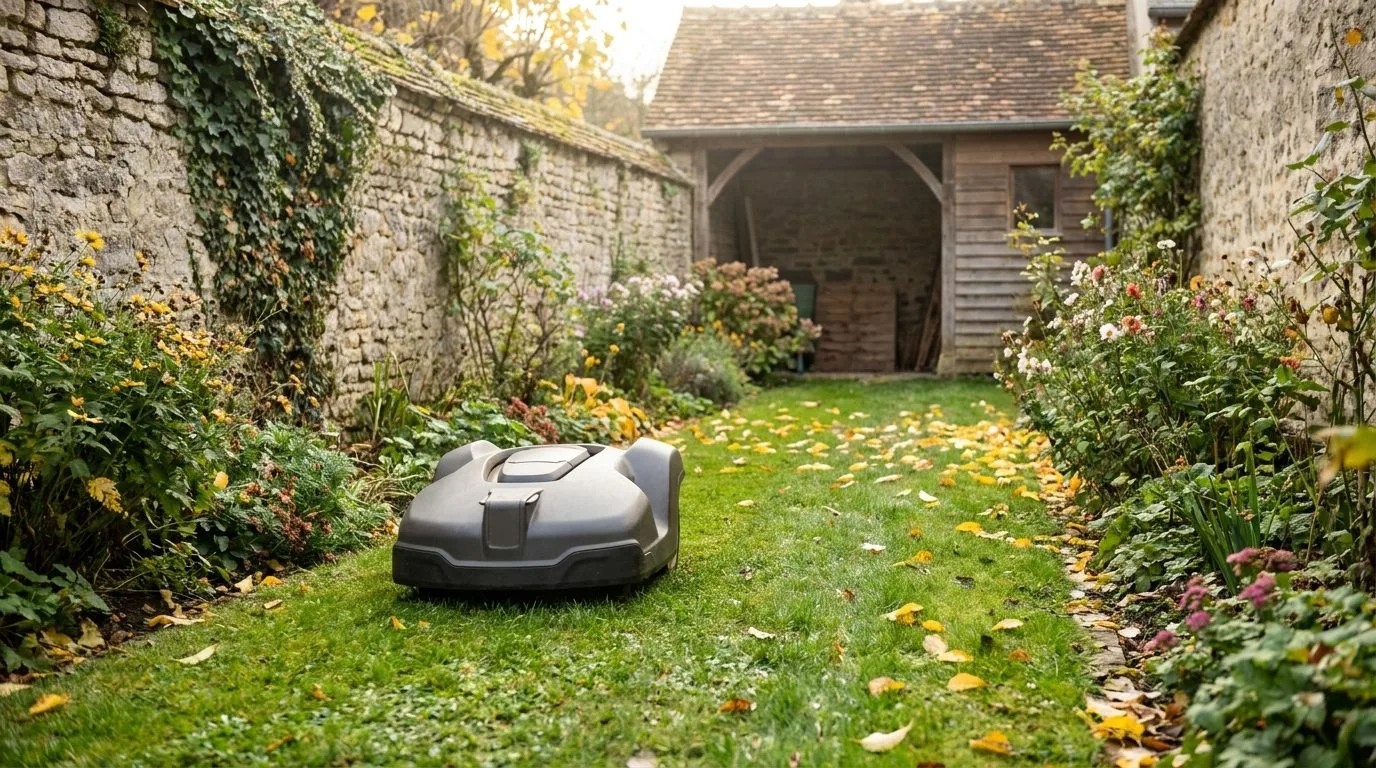 Robot Tondeuse Compact Dans Un Petit Jardin De Ville 2