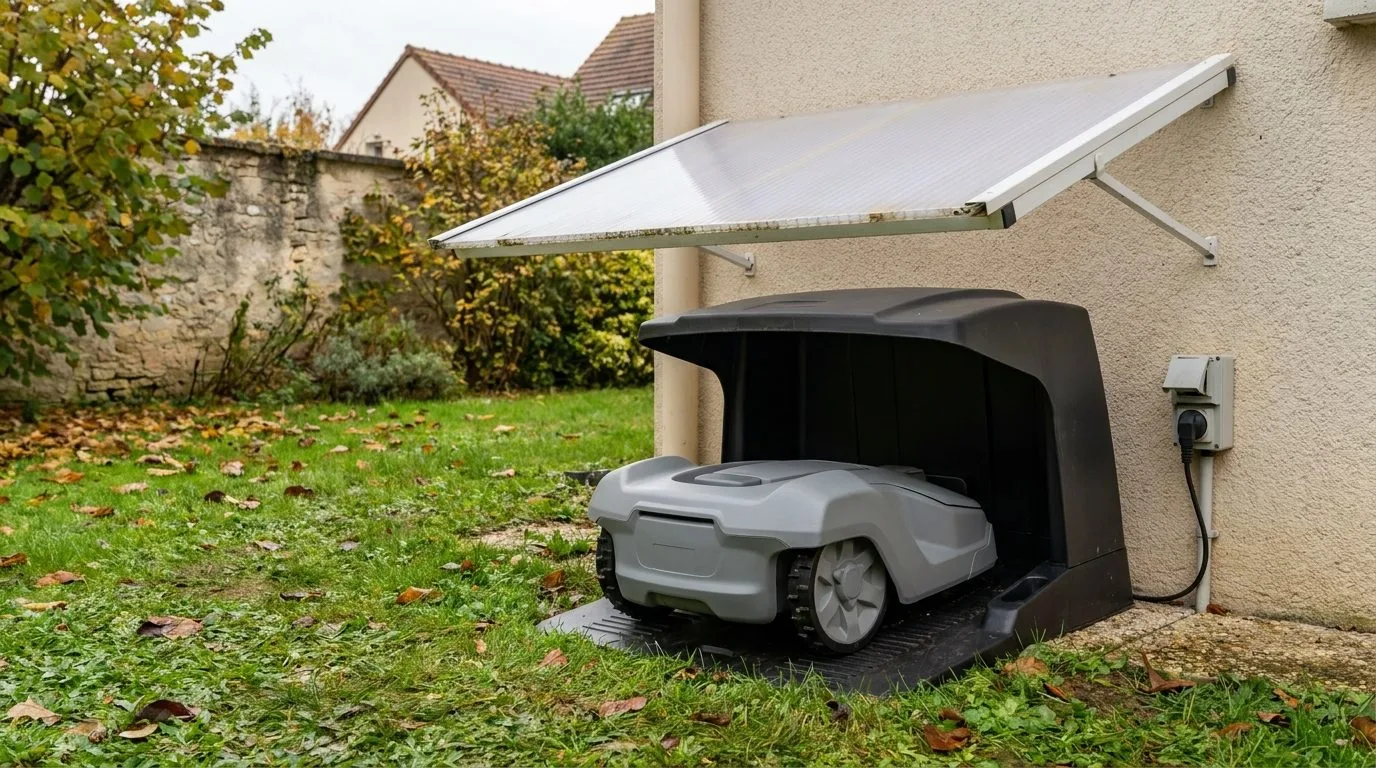 Robot Tondeuse Dans Son Garage Au Bord De La Pelouse 4