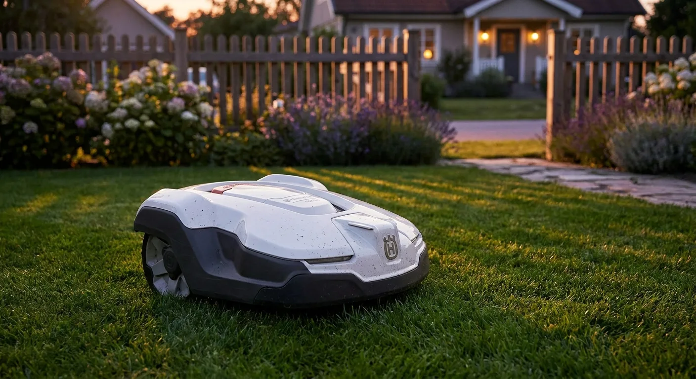 Robot tondeuse en action sur une pelouse verte et soignée
