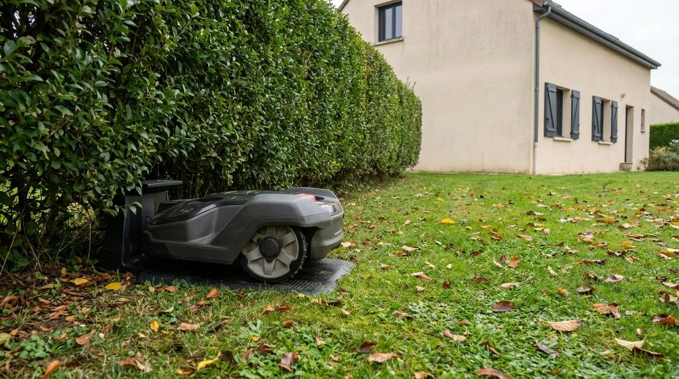 Robot Tondeuse En Charge Sur Sa Station En Automne 2