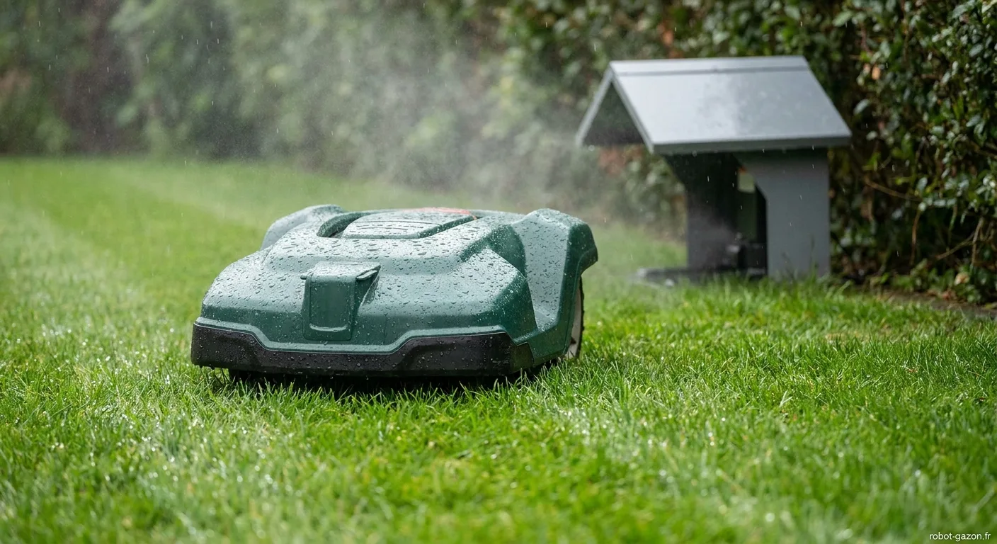 Robot Tondeuse Fonctionnant Sous La Pluie Fine Sur Pelouse V 2