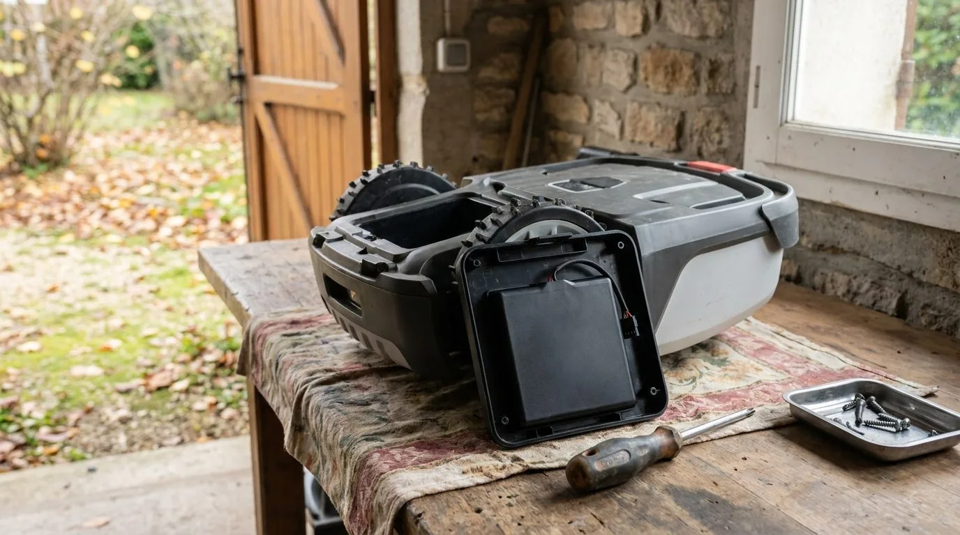 Robot Tondeuse Retourne Sur Etabli Trappe Batterie Ouverte 1