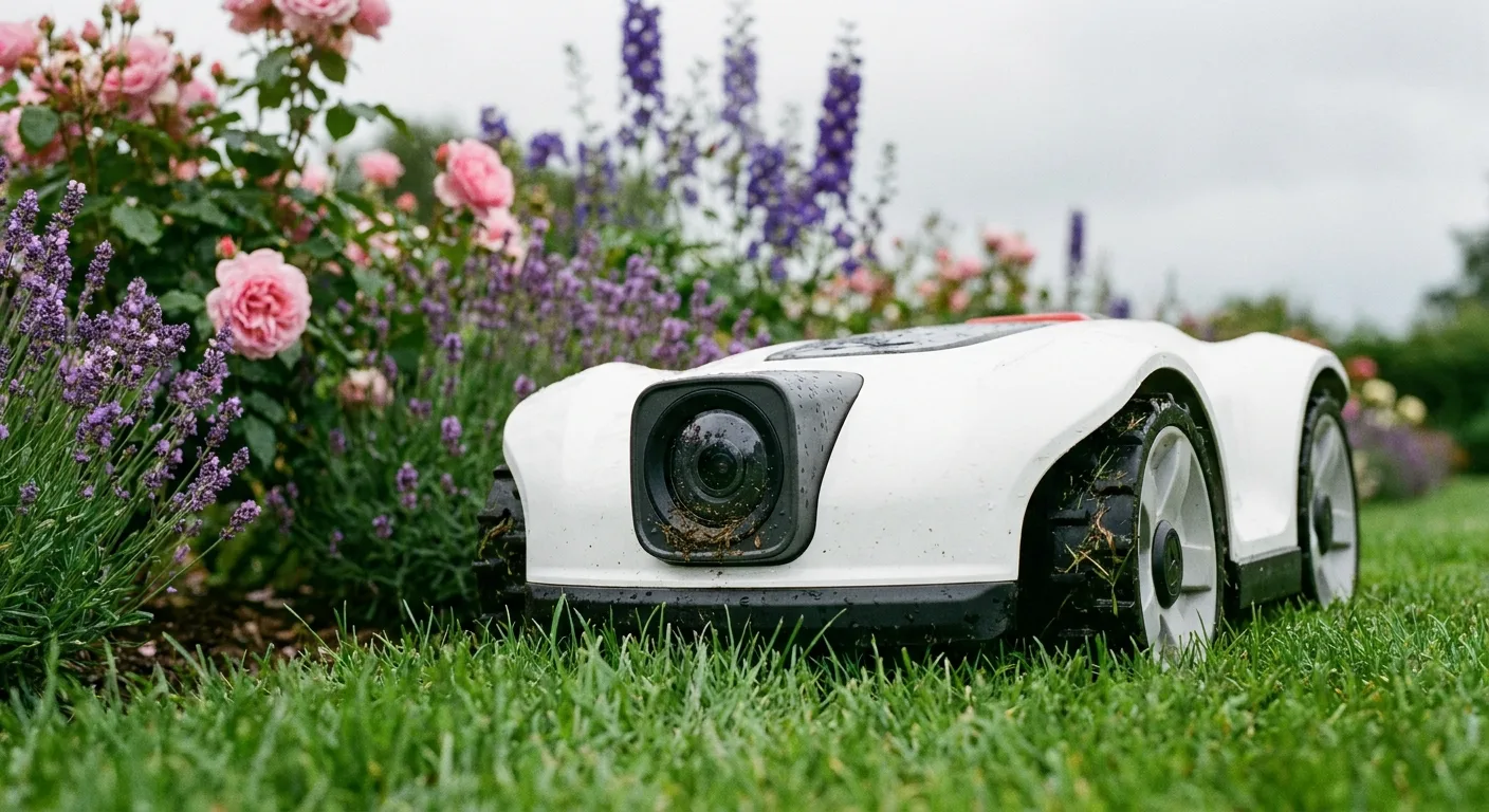 Robot tondeuse sans fil avec caméra frontale longeant un massif