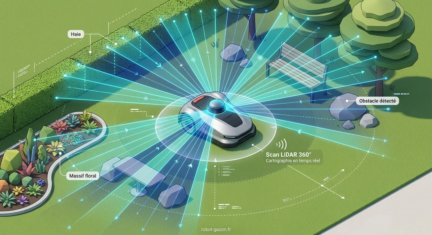 Robot Tondeuse Sans Fil Lidar Scannant Un Jardin Complexe Av 1