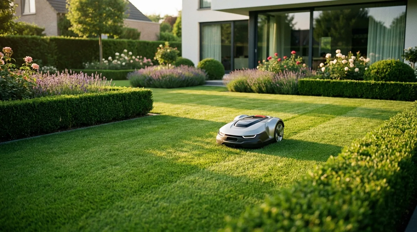 Robot tondeuse sans fil périphérique tondant un jardin moderne