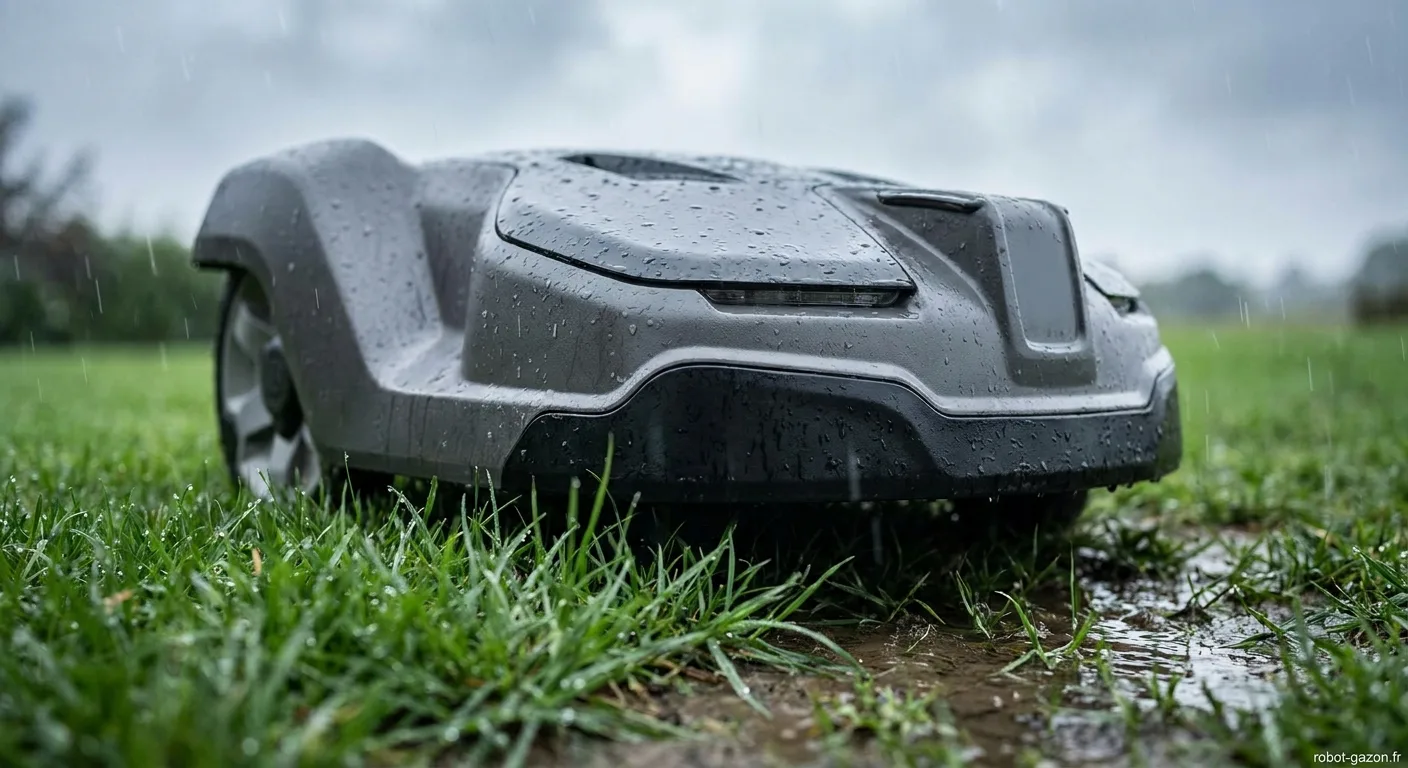 Robot Tondeuse Sans Fil Tondant Un Gazon Humide Sous Une Plu 1