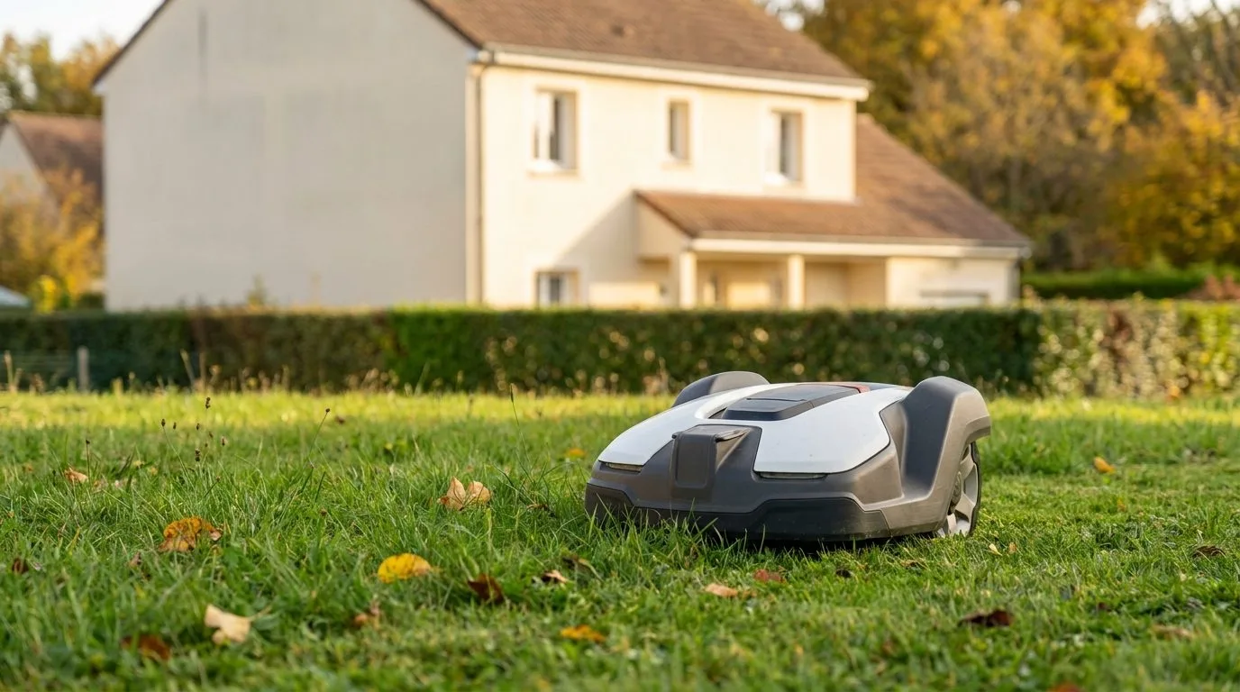 Robot Tondeuse Sur Pelouse En Automne Devant Un Pavillon 1