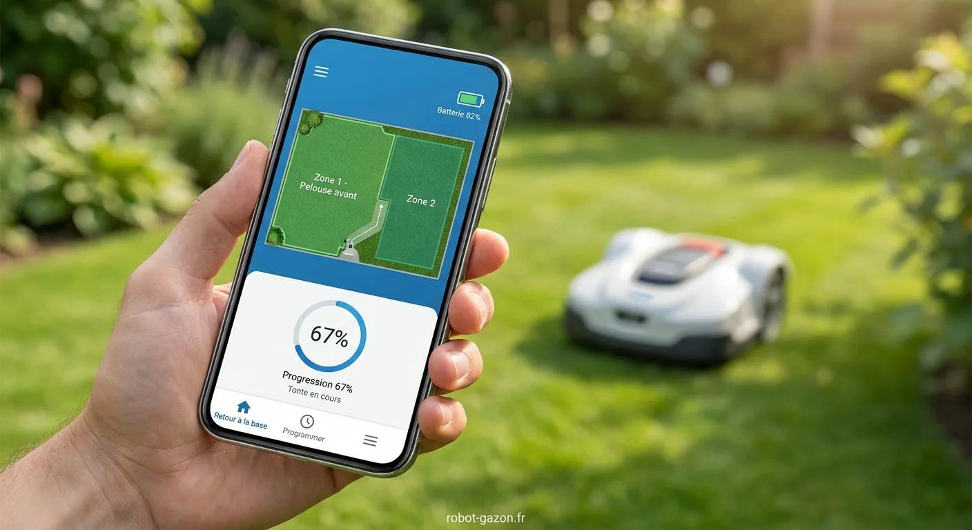 Smartphone Affichant L Application Mobile D Un Robot Tondeus 1