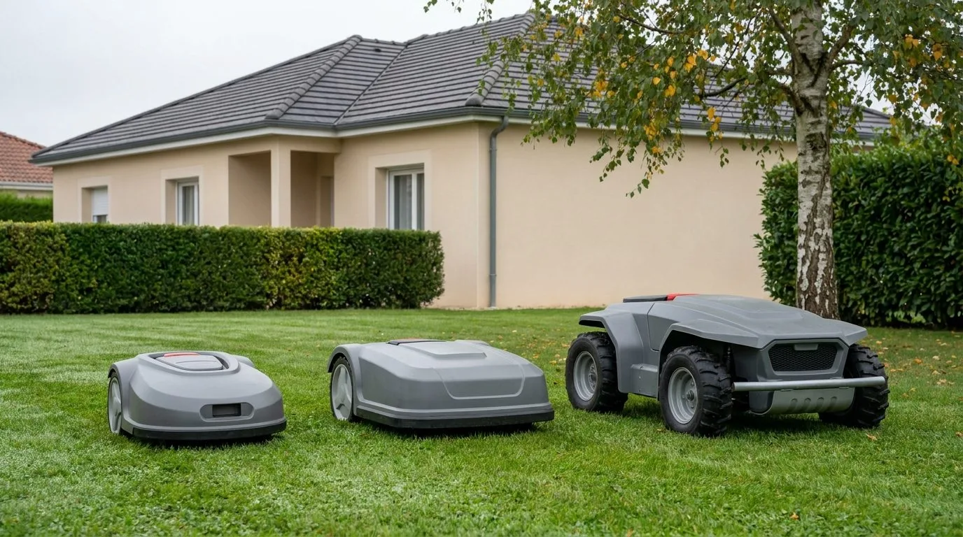 Trois Robots Tondeuses De Tailles Differentes Sur Une Pelouse 1
