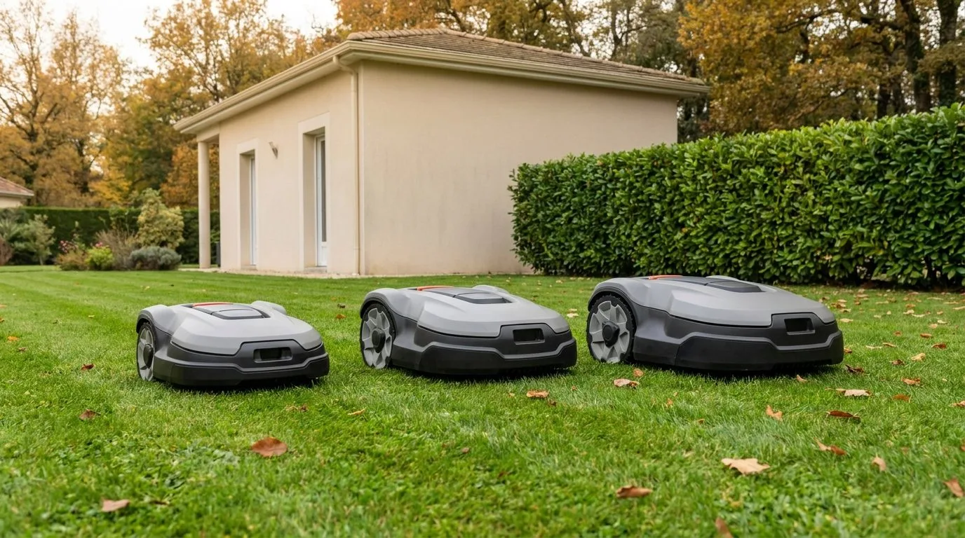 Trois Robots Tondeuses De Tailles Differentes Sur Une Pelouse 1