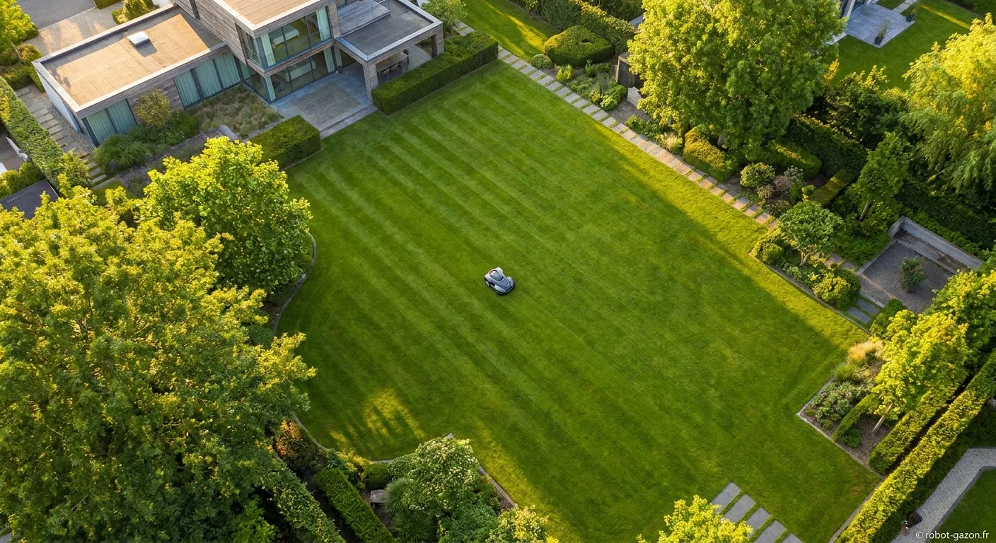 Vue Aerienne D Un Grand Jardin De 2000 M Avec Robot Tondeuse 4