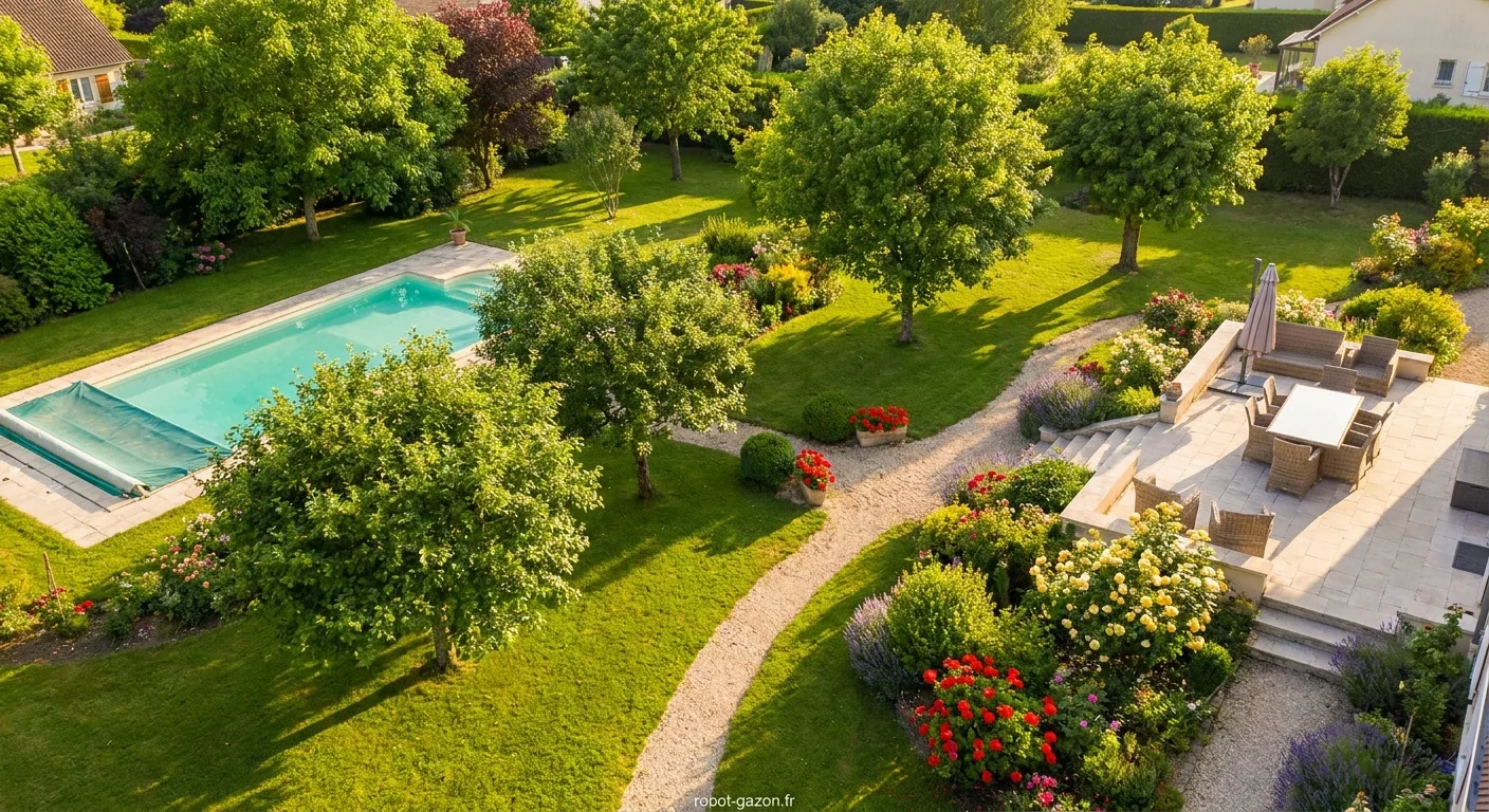 Vue Aerienne D Un Jardin Residentiel Comportant Arbres Massi 1