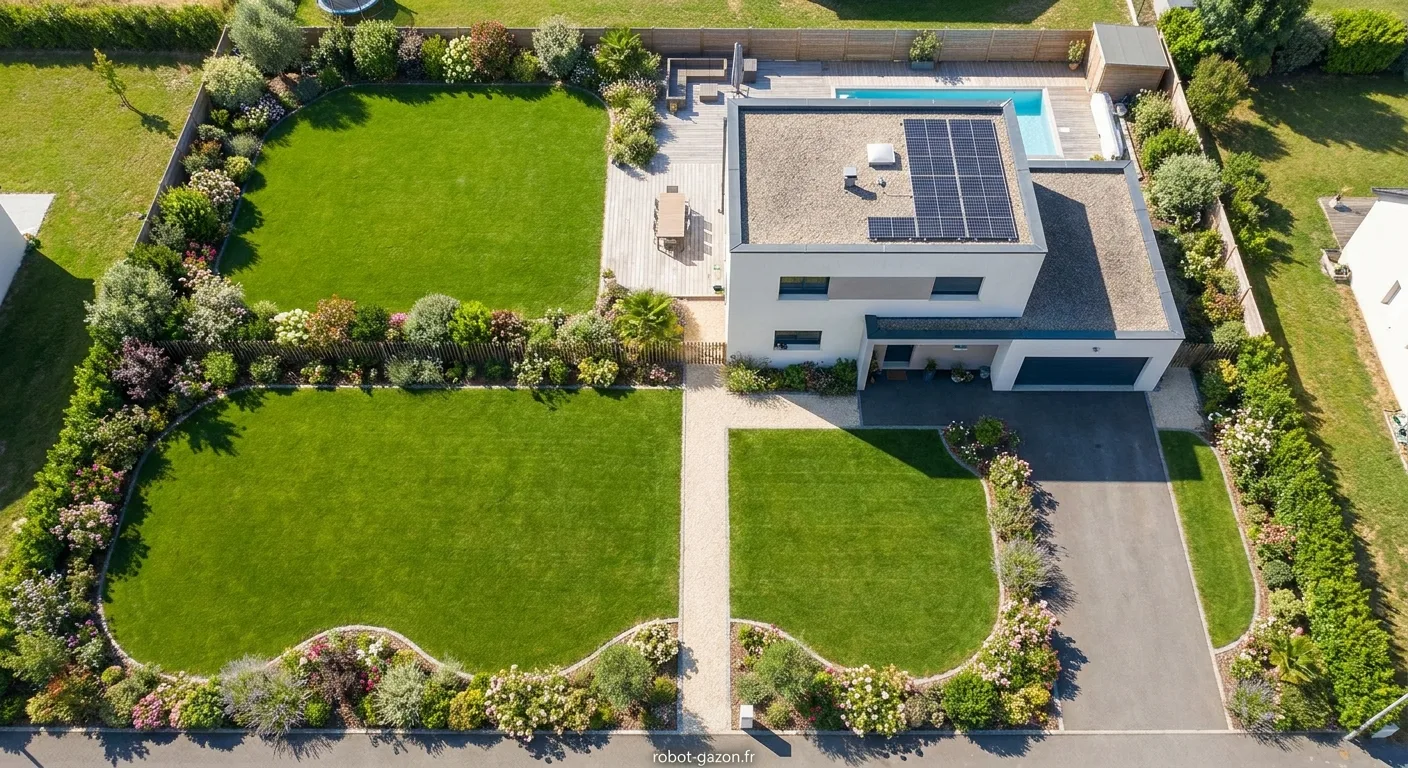 Vue Aerienne D Un Jardin Residentiel Separe En Deux Zones De 1