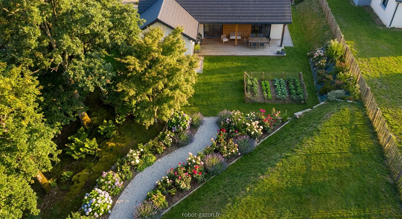 Vue Aerienne D Un Jardin Residentiel Varie Avec Pelouse Arbr 1